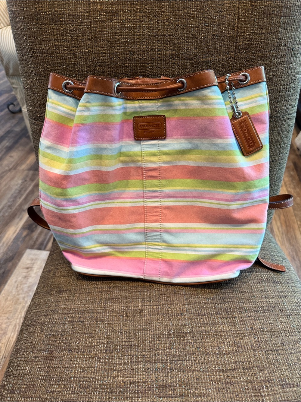 Coach pastel stripe drawstring bucket bag with hangtag F13554